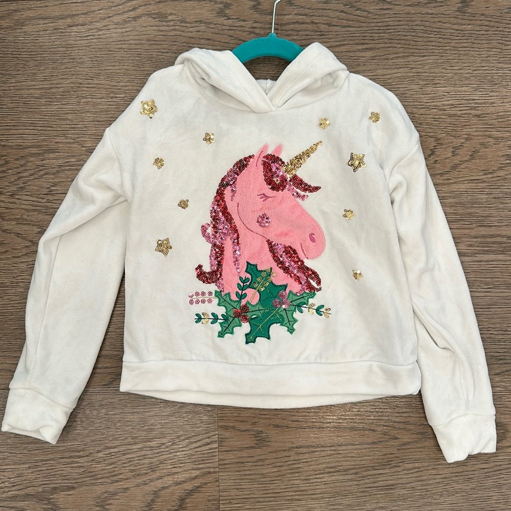 Margaux & Lexi Girls Velvet Velour Hoodie White Pink Unicorn Sequins Size 5